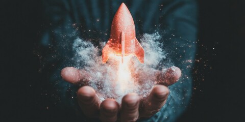 Quantum Leap Innovation Futuristic Digital Rocket Emerging from Human Palm - Breakthrough Technology Visualization for Next-Gen Business Acceleration Strategies