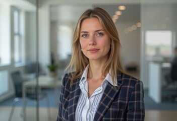 Professional woman smiling in modern office space  
