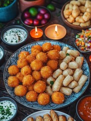Vibrant Brazilian Dishes on Table with Colorful Snacks, Dips, and Candles for Festive Gathering and Culinary Styling