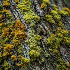 Close-Up of Moss and Lichen on Tree Bark in a Woodland Ecosystem: Texture and Biodiversity in Nature Photography