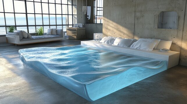 Modern loft bedroom with ocean view and water bed