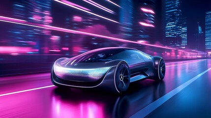 Fototapeta premium Futuristic self-driving car on neon-lit highway at night with motion blur, advanced technology and modern transportation concept