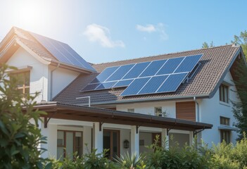 Fototapeta premium Modern house with solar panels under bright sunlight 