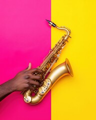 Fototapeta premium Vibrant Chromatic Jazz Contemporary Musical Expression with Gold Saxophone Against Pop Art Color Block - Dynamic Creative Performance Imagery for Cultural Marketing