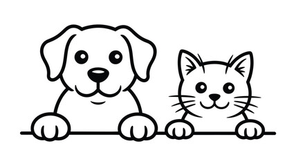Playful Duo: A charming line drawing of a happy dog and cat, best friends, creating a cute and heartwarming image perfect for pet lovers.