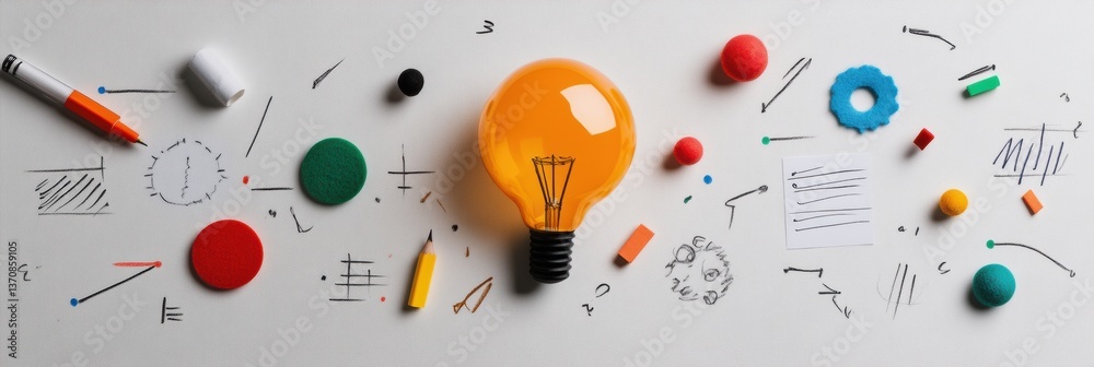 Poster dynamic innovation visualization bright yellow lightbulb amid minimalist design tools - creative ide