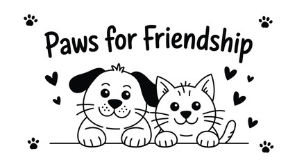 Paws for Friendship: A heartwarming illustration of a dog and cat side by side, embodying the spirit of friendship, love, and companionship.