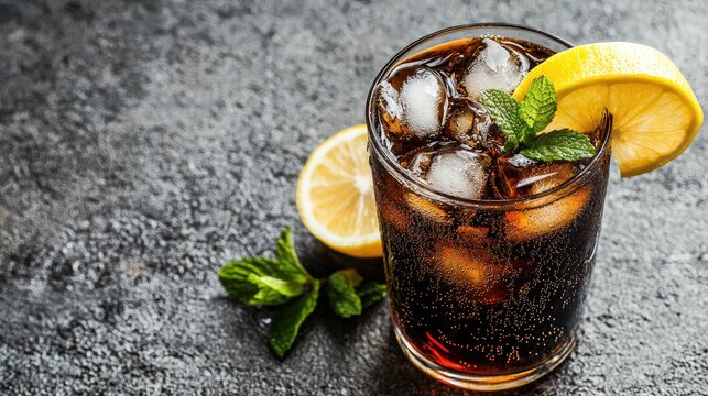 Iced cola with lemon slice and mint in a glass on textured dark surface, full of bubbles and vibrant colors. Ideal for beverage ads, summer menus, or drink branding