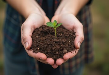 Hands nurturing a small plant with soil in a green outdoor setting  