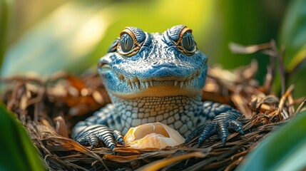 Fototapeta premium baby crocodile hatching from an egg 