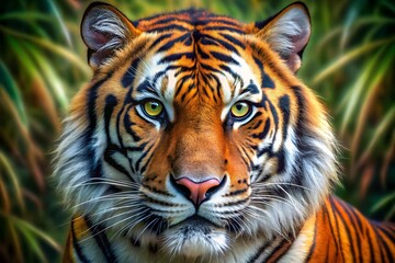 Fototapeta premium A highly detailed, realistic portrait of a tiger, focusing on the texture of its fur, the intensity of its gaze, and the vivid colors of its stripes.