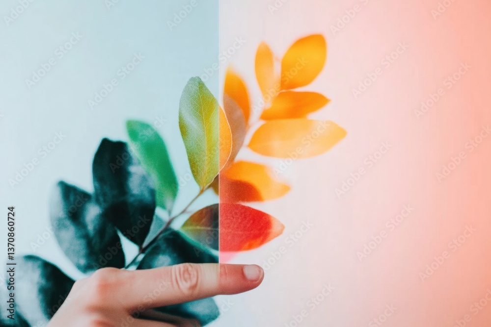 Poster Vibrant Color Gradient Evolution Minimalist Hand Holding Transformative Botanical Leaf Symbolizing Personal Growth, Creative Transition and Mindful Transformation