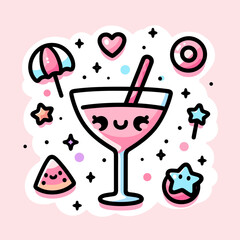 Fototapeta premium Cute pink cocktail illustration with cheerful motifs and stars 