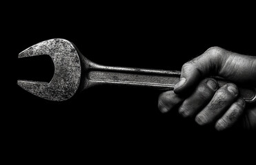 Hand holding wrench, repair tool, mechanic, industrial, automotive, construction, black and white image
