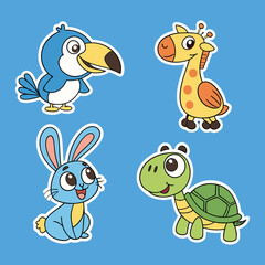 Naklejka premium Cute Cartoon Animal Stickers Set on Blue and White Background .