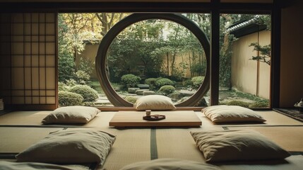 Tranquil Japanese tea room garden view serenity