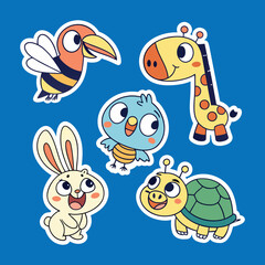 Cute Cartoon Animal Stickers Set on Blue and White  Background .