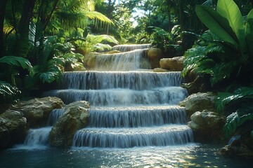 Naklejka premium A lush jungle scene with cascading waterfalls, bathed in the soft, dappled light filtering through the dense canopy