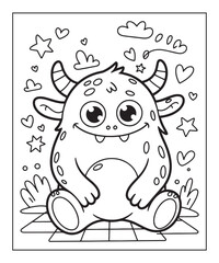 Simple and cute monster coloring page for kids, black line art vector illustration on white background