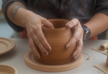 Crafting pottery hands shaping clay against a creative workspace  