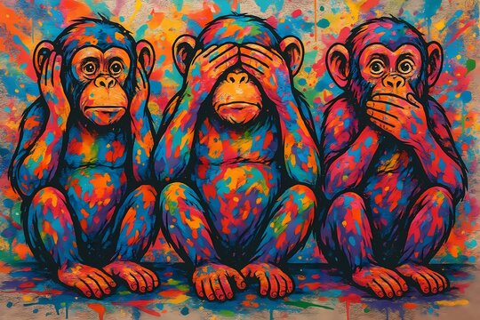 Colorful graffiti-style artwork of the three wise monkeys&mdash;hear no evil, see no evil, speak no evil&mdash;expressed in vibrant, abstract paint splashes.