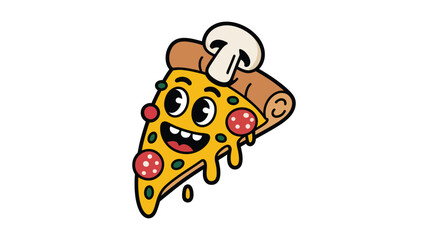 Whimsical Pizza Slice: A cartoon pizza slice with a cheerful expression, pepperoni, and mushroom topping, creating a delightful and playful image.