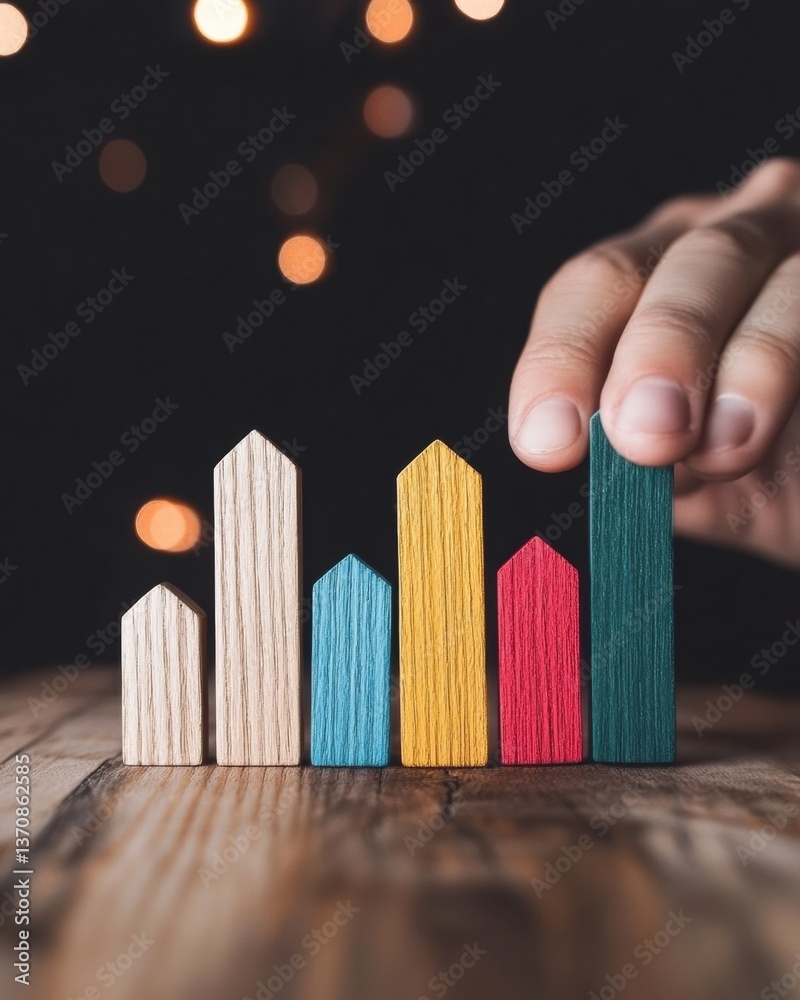 Poster Minimalist Growth Analytics Wooden Block Business Performance Visualization with Human Interaction - Innovative Scaling Strategy for Digital Transformation