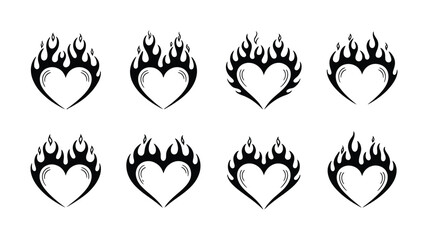 Burning Hearts: A collection of stylized heart illustrations, each encircled by flames, symbolizing passion, love, and intensity, perfect for designs conveying strong emotions.