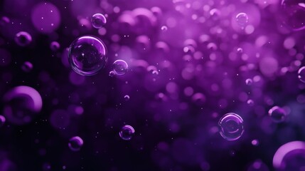 Abstract purple bubbles floating in a dark and shiny ethereal atmosphere.
