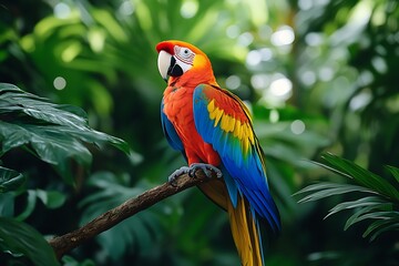 Obraz premium A macaw with brilliant plumage perched on a branch in a dense jungle, its vivid colors standing out against the rich green foliage