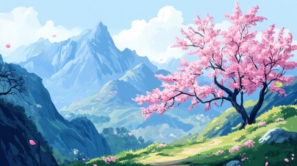Cherry Blossom Tree in a Mountainous Landscape
