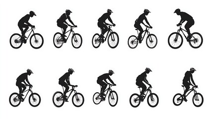 Fototapeta premium Mountain Biking Silhouettes on White