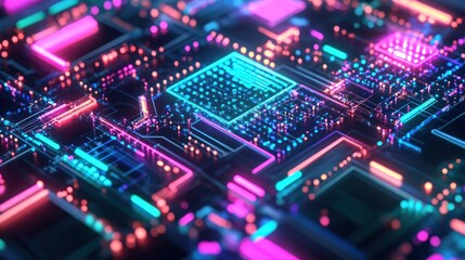 Obraz premium Abstract circuit board design, glowing neon circuit, complex technology, futuristic background, for tech presentation