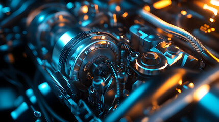 Fototapeta premium Complex mechanical gears with warm and cool lighting in motion