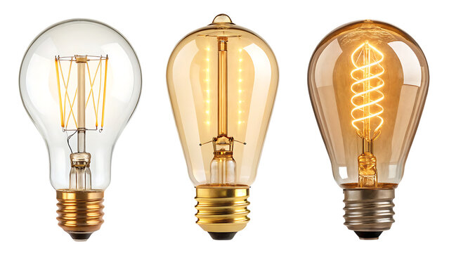 Three vintage style light bulbs with different filament designs on a white background studio shot  isolated on transparent or white background, png