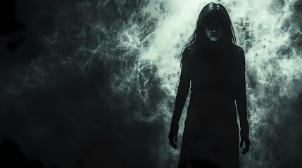 Creepy silhouette of a woman turning to the camera in darkness, eerie and foreboding ambiance, shadowy and unsettling scene. Echoing Veil. Illustration