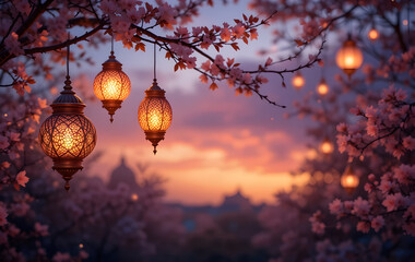 Obraz premium Romantic Evening with Lanterns and Pink Flowers at Dusk