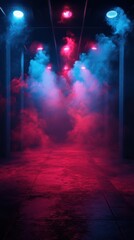Fototapeta premium Vibrant light show in a foggy corridor showcases dynamic colors and ambient atmosphere at an evening event