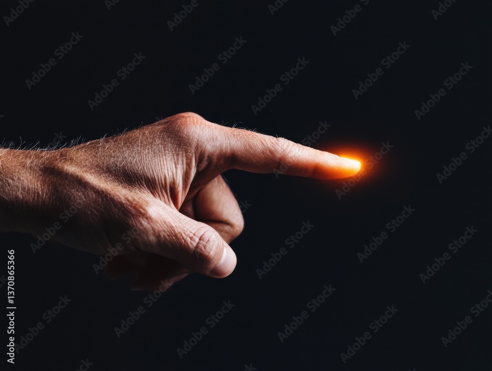 Poster Digital Transformation Interface Minimalist Human Touch Activating Futuristic Interactive Control with Glowing Technological Precision in Dark Ambient Setting