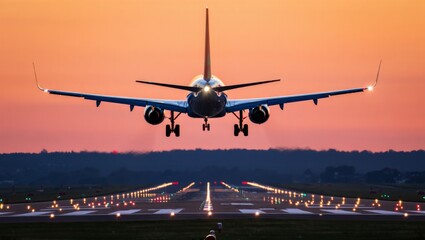 A large jetliner taking off from an airport runway at sunset