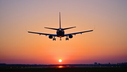 A large jetliner taking off from an airport runway at sunset