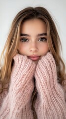 Young Woman in Soft Pink Oversized Sweater Pulling the Collar Over Her Lips with a Cozy and Playful Expression