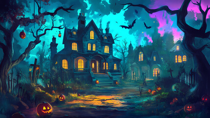 Magical halloween adventure featuring haunted house and enchanting cartoons for kids. Echoing Veil. Illustration