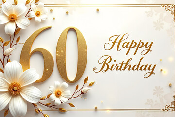 An elegant gold and white birthday card celebrating a 60th milestone. The number "60" is embossed in shimmering gold foil at the center, surrounded by delicate floral patterns in soft white and ivory.