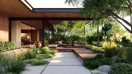 Sustainable Minimalist Residential Backyard with Cozy Patio and Native Plants