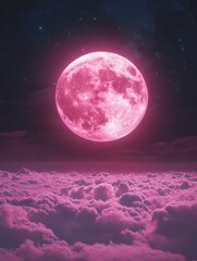 Ethereal pink moonscape above a sea of fluffy clouds in a surreal celestial dreamscape with cosmic stars and a dreamy atmosphere