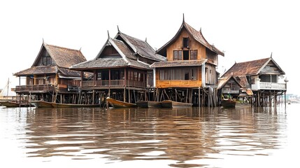 Naklejka premium Thai Wooden Stilt Houses in a Floating Market on a River in Thailand