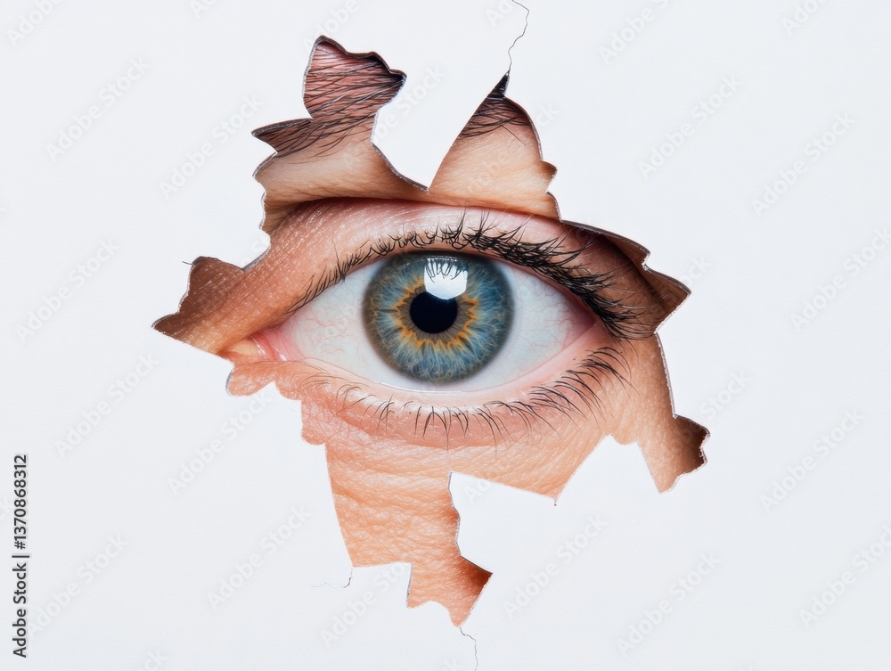 Poster Fragmented Identity Exploration Hyper-Realistic Eye Emerging Through Deconstructed Paper Layers - Gen Z Self-Discovery Visual Narrative