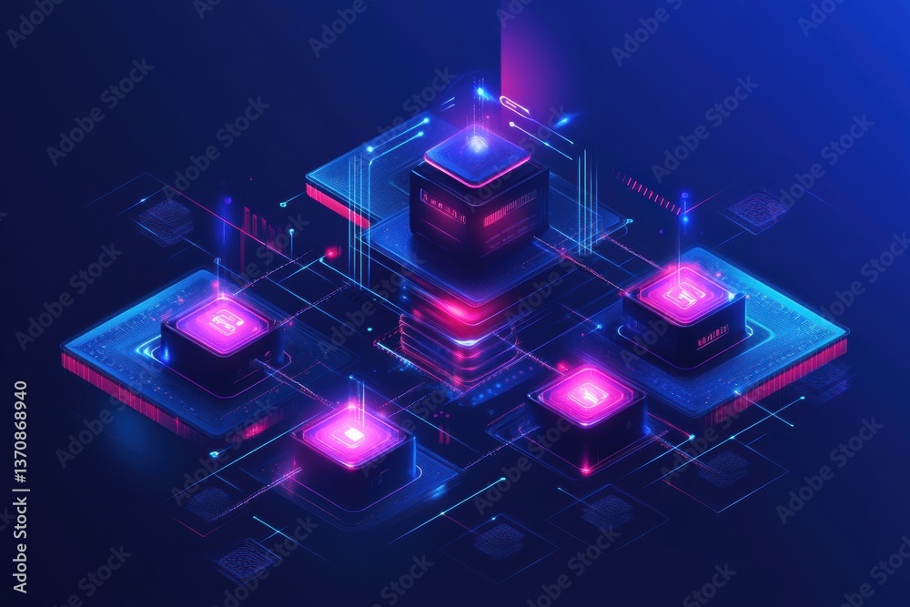 Aufkleber Futuristic digital financial network with interconnected glowing nodes and dark blue gradient