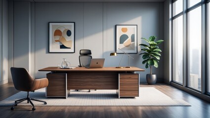 A modern office with a desk, chair and a laptop